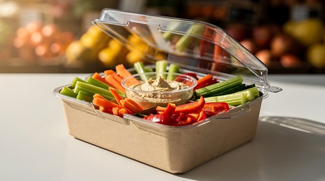 Fresh vegetable platter with hummus dip in a clear container.