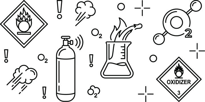Oxidizing Hazardous Material Safety Vector Icon Set with Gas Cylinder Oxygen Formula and Fire Flammability Placards