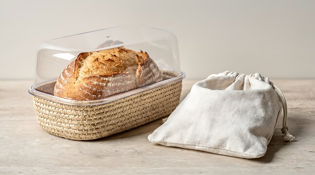 Freshly Baked Artisan Bread in a Woven Basket with a Protective Cover and a Cloth Bag.