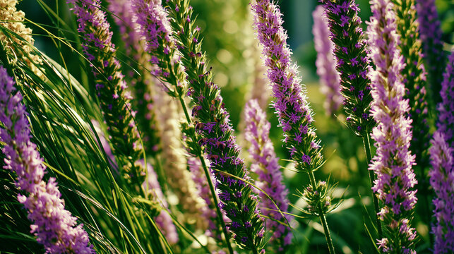 Close-up of tall purple liatris flowers in soft sunlight with sunlight outdoors wildflower