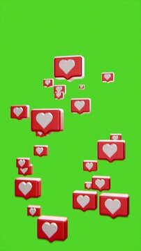 social media love heart like icons floating upwards, on green screen background