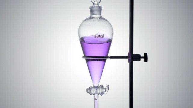 Close-up shot of a separatory funnel being swirled with violet clear fluid, causing it to wave along the inner walls on a gray ramp background