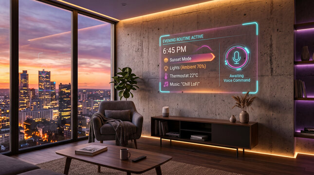 Smart home interface displayed on a large screen in a modern living room with city view