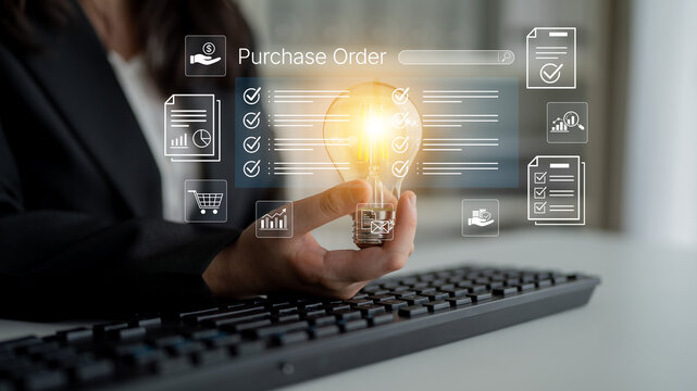 Business Professional Holding Light Bulb with Digital Purchase Order Icons and Keyboard Background in Modern Office Environment. Bitwise.