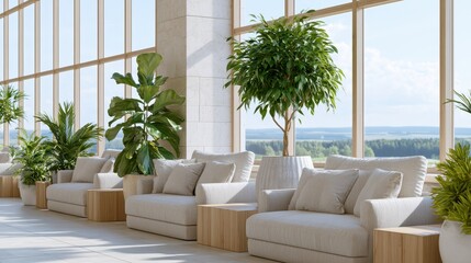 Fototapeta premium Modern waiting area with chairs and indoor plants near panoramic windows, office lobby interior concept.