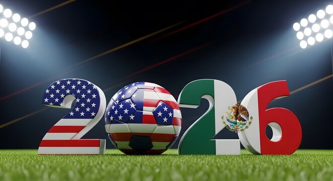 American and mexican soccer ball on green field with stadium lights shining down for 2026