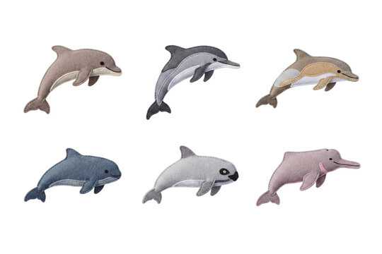 Set of dolphins and porpoises in felt craft style featuring bottlenose, spinner, common dolphin, vaquita, and pink river dolphin.