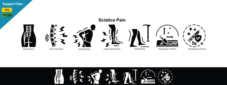 Sciatica Pain Concept with Nerve Compression, Lower Back Pain and Spine Healthcare Illustration. glyph icons set. Black Background With White.
