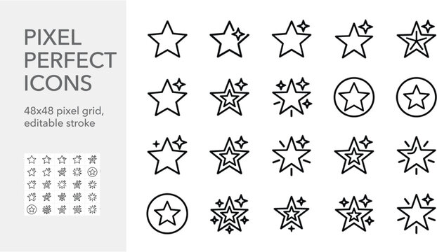 Pixel Perfect Star Icon Set with Sparkles Favorites and Rating Symbols on 48x48 Pixel Grid with Editable Vector Stroke for UI UX App Interface Design