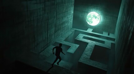 Obraz premium A silhouette of a man running through a maze lit by a glowing moon.