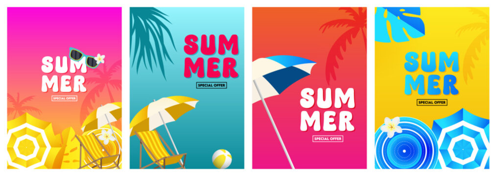 Summer greeting poster vector set design. Hello summer text with floaters and sunglasses beach vacation elements. Vector illustration summer greeting postcard collection.
