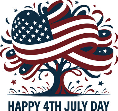 Whimsical patriotic American flag tree design celebrating the cherished Fourth of July national holiday with vibrant stars