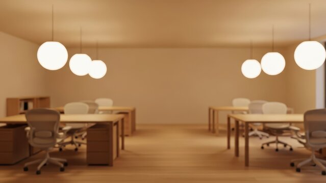 Modern empty office workspace with hanging lights and desks