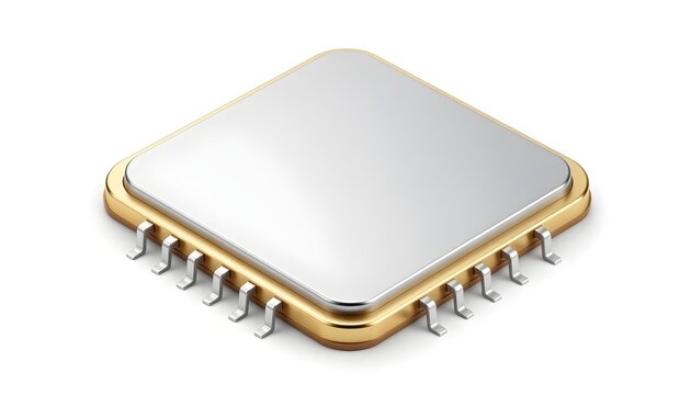 Modern computer processor chip with gold and silver accents on a white background