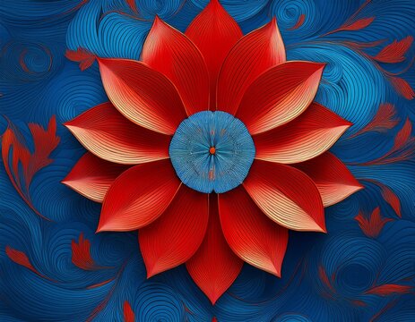 abstract red flower on blue seamless pattern background