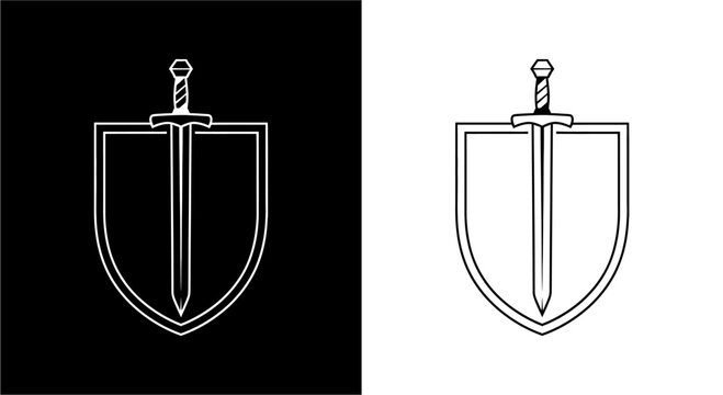 Shield and sword graphic design elements.