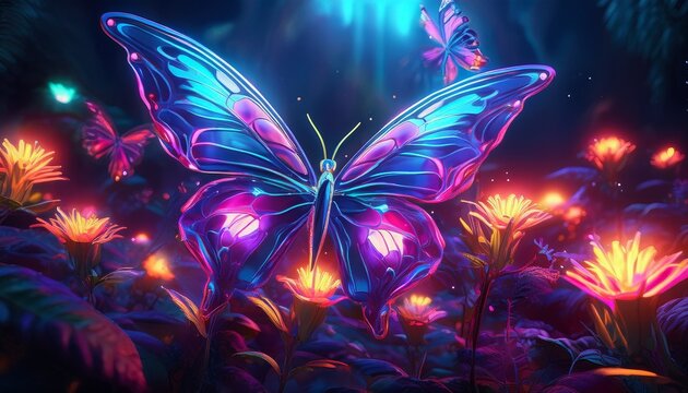 butterflies on flowers glowing with neon wings in a futuristic garden futuristic neon eco friendly