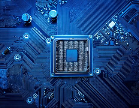 circuit board with microprocessor and electronic components shown prominently high detail in blue color concept of technology electronics engineering