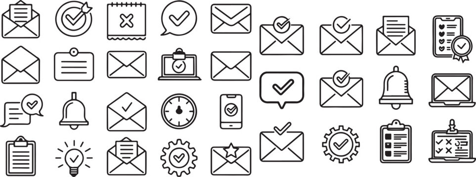 variety notification, alert, mail check icons set black and white outline vector collections, clean strokes, isolated on white background	