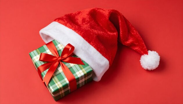 Festive Christmas gift box nestled under a Santa hat on a vibrant red background
