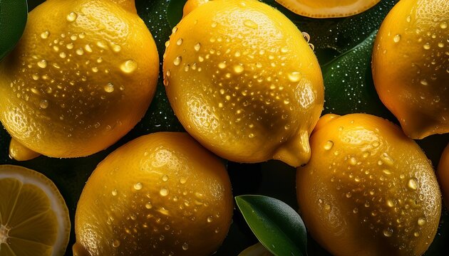 overhead shot of lemons with visible water drops close up