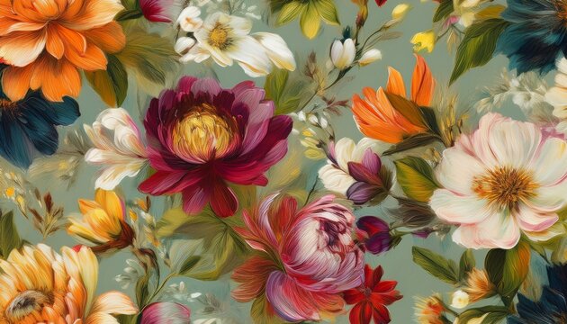seamless beautiful oil painting flowers in grunge style pattern