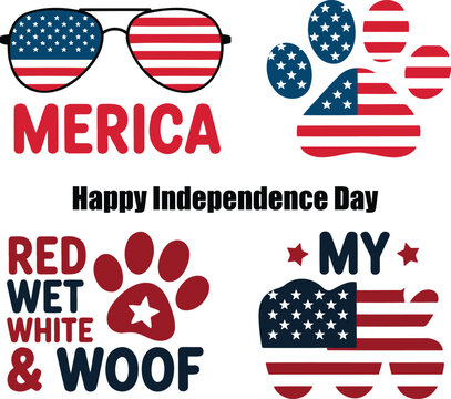 Festive American themed graphic design with patriotic sunglasses, paw prints, and playful slogans celebrating Independence Day