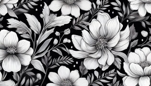seamless watercolor decorative white and black flowers pattern background
