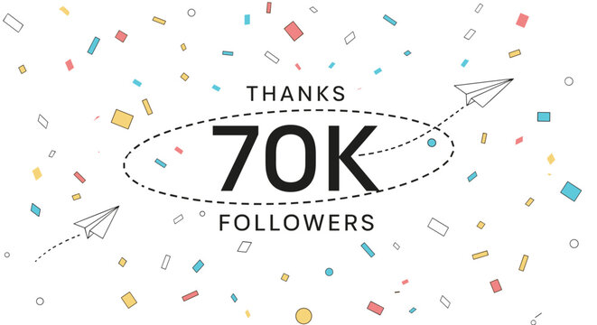 Minimalist celebratory graphic thanking seventy thousand followers with paper planes and colorful geometric confetti on a white base.