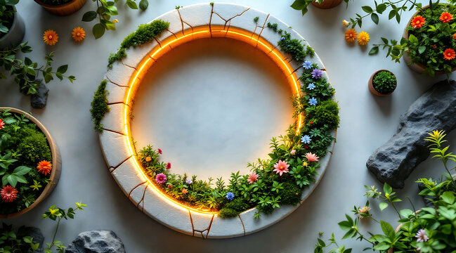Glowing moon crescent formed from cracked stone ring with neon inner light surrounded by moss and colorful flowers, serene botanical composition