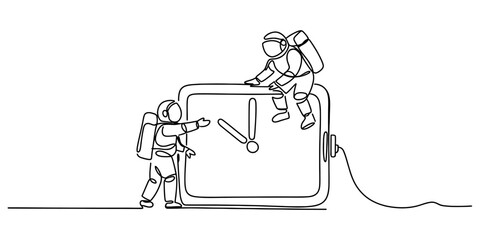 Continuous line drawing of two astronauts with a large clock © S Arts & Culture