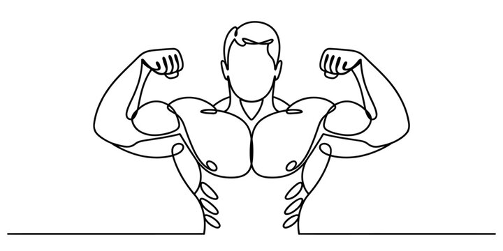 Strong bodybuilder man flexing muscles continuous line art