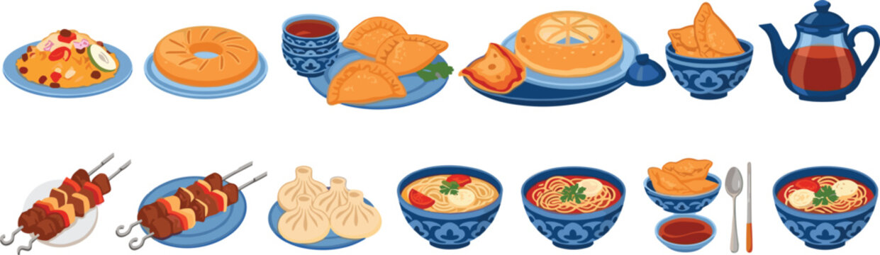 Traditional Central Asian and Georgian Cuisine Food Icon Set with Flat Vector Illustrations of Khinkali Manti Shashlik and Soup for Restaurant Menu Designs