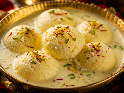 Rasmalai dessert close-up with saffron and pistachio garnish