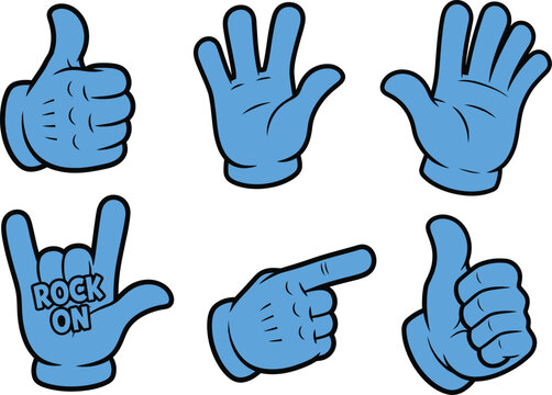 A set of six cartoon blue hands making different gestures