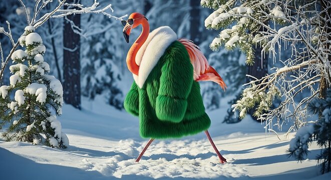 Colorful flamingo dressed as elf skiing in snowy forest