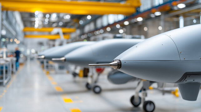 Precision manufacturing of military drones, engineers are mounting military drone missiles, with a clean and bright modern production line in the background. Close up,, stock photo
