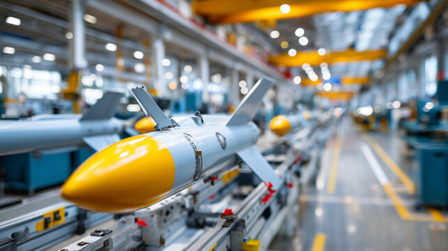 Precision manufacturing of military drones, engineers are mounting military drone missiles, with a clean and bright modern production line in the background. Close up,, stock photo