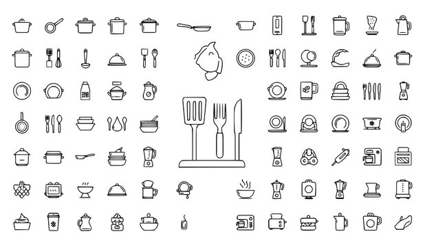 Minimal cooking outline vector icon set kitchen and dining symbols