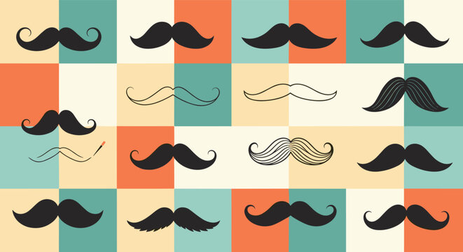 Variety of mustache styles presented in a colorful checkered grid pattern for a creative barbershop or mens health concept.