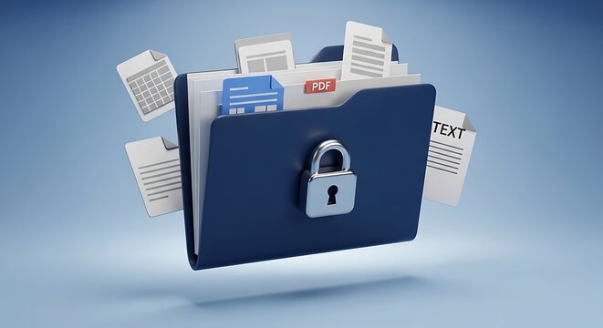 Secure locked folder with documents and files in floating 3d style