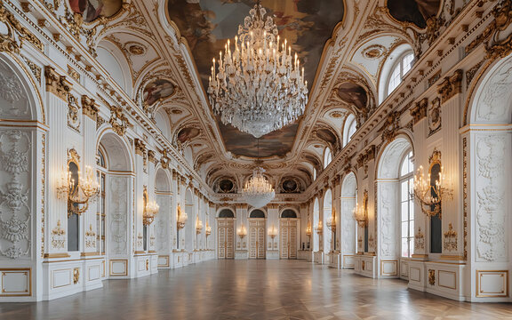 Grand ballroom interior with ornate rococo architecture and crystal chandeliers