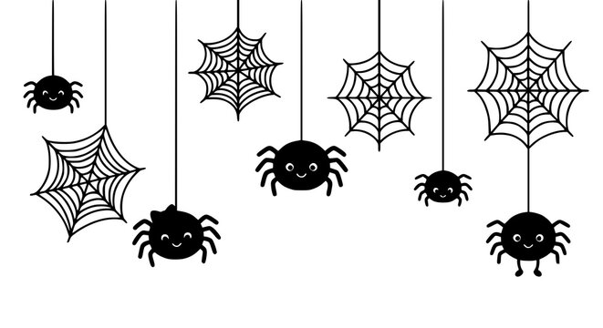 Cute black spiders and spiderwebs hanging vector illustration set