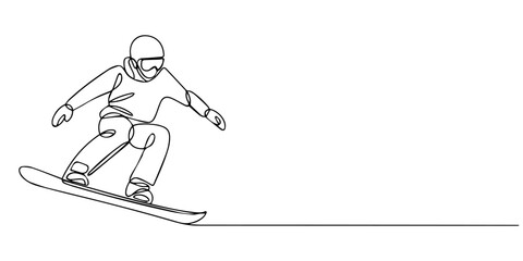 Fototapeta premium Snowboarder performing a jump in the air in minimal continuous line art illustration with white background, A minimalist single line drawing of an active person performing a snowboard jump on snowy on