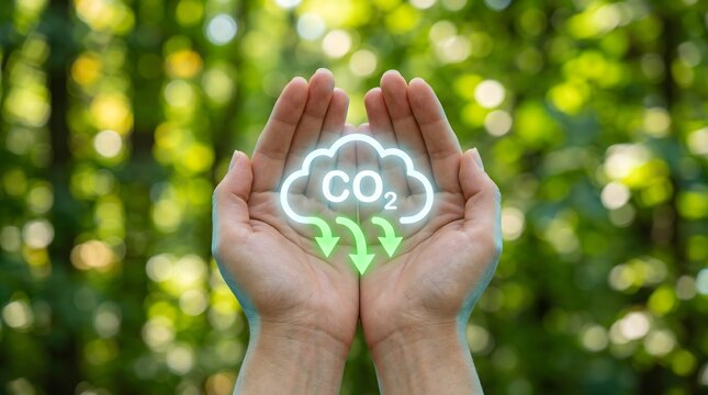 Hands holding CO2 cloud icon symbolizing carbon dioxide reduction and environmental protection