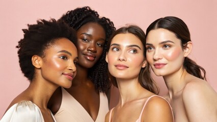 Obraz premium Four diverse women with radiant skin pose together against a soft pink background, showcasing beauty and confidence.