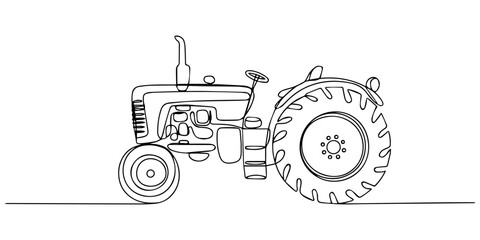 SingleLine Tractor Drawing Agriculture, Farming, Field, Rural, Countryside, Single one line drawing classic style farm tractor without a cabin. Iconic silhouette of rural machinery and rugged agricult © Gerish