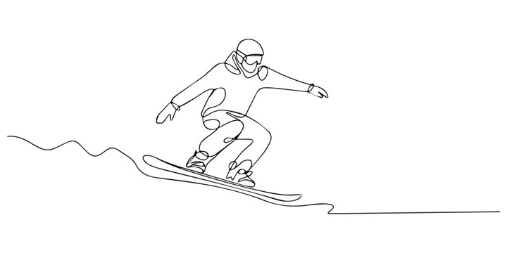 Snowboarder performing a jump in the air in minimal continuous line art illustration with white background, A minimalist single line drawing of an active person performing a snowboard jump on snowy on