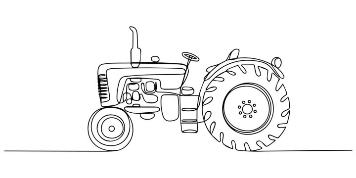 SingleLine Tractor Drawing Agriculture, Farming, Field, Rural, Countryside, Single one line drawing classic style farm tractor without a cabin. Iconic silhouette of rural machinery and rugged agricult