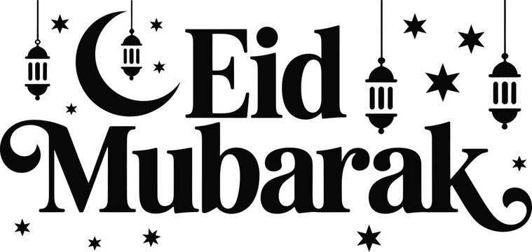 Eid Mubarak Typography Design with Crescent Moon, Hanging Lanterns and Stars